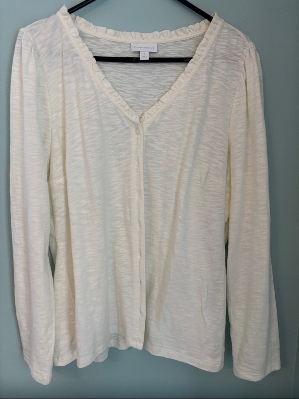 Charter Club Cream Ruffle-Trim Button-Front Long Sleeve Top